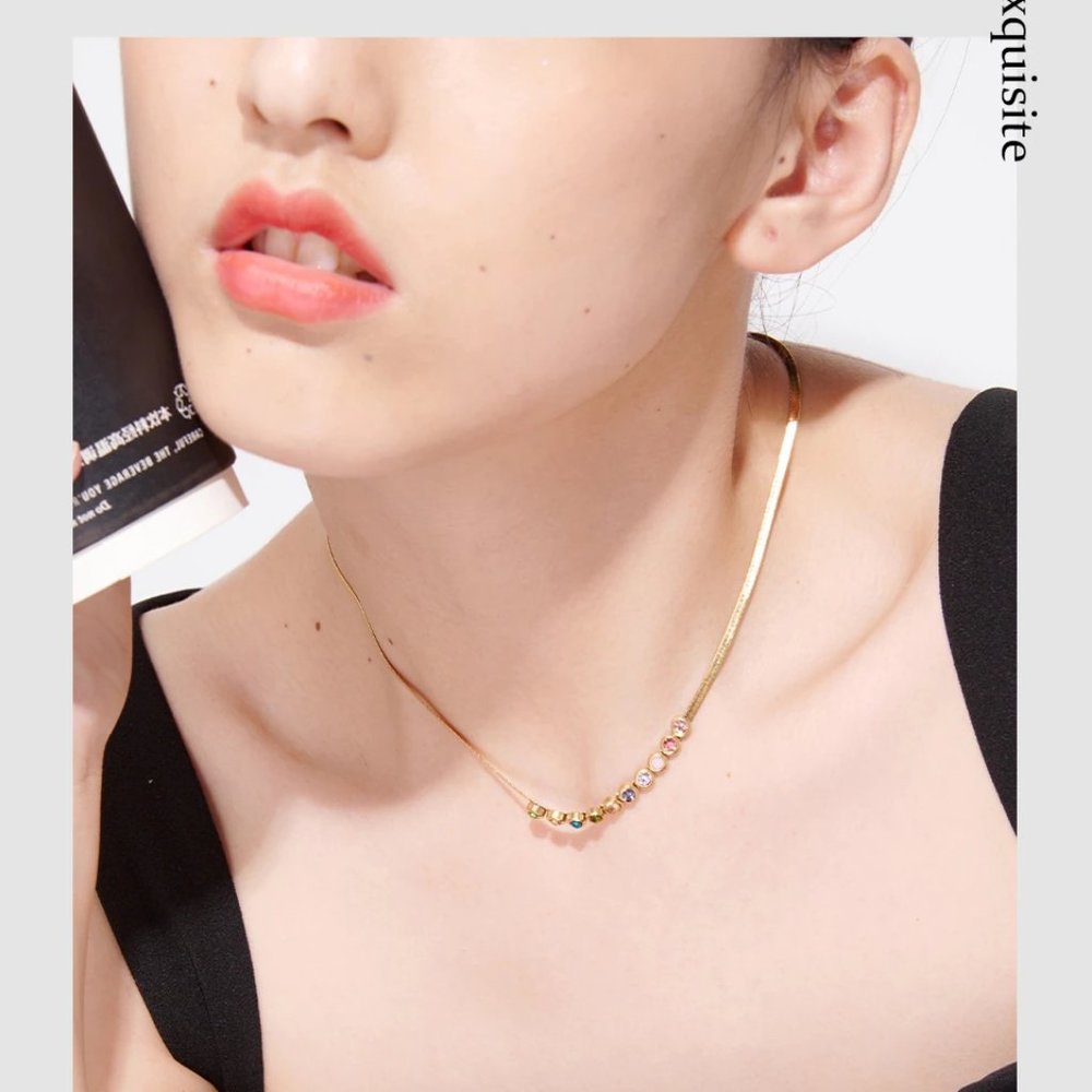 New 18K Gold Plated Multi Color Rainbow Colorful Gemstone Herringbone Necklace - Picture 6 of 7